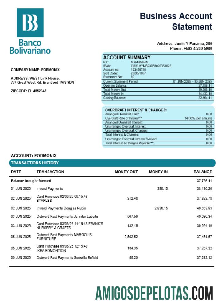 Declaração da Empresa Banco Bolivariano em formato Word e PDF exemplo real